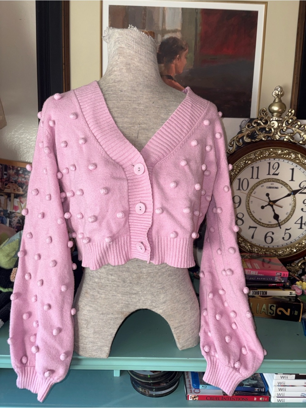 Sugar Thrillz Dollskill Cropped Pink Pom-Pom Button Cardigan Sweater